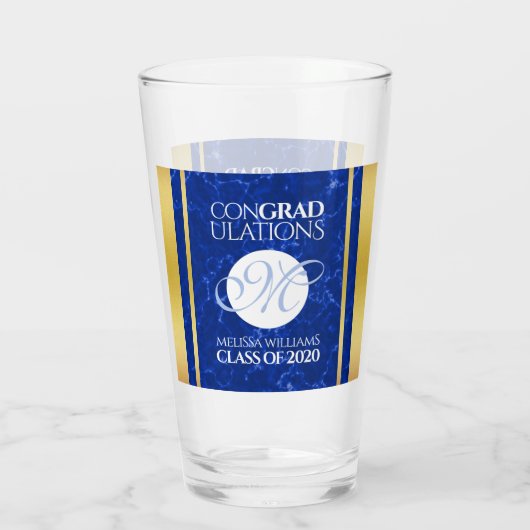 Elegant Afstuderen Monogram Blue Marble Gold Foil Glas (Achterkant)