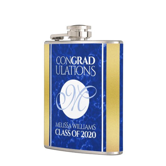 Elegant Afstuderen Monogram Blue Marble Gold Foil Heupfles (Links)