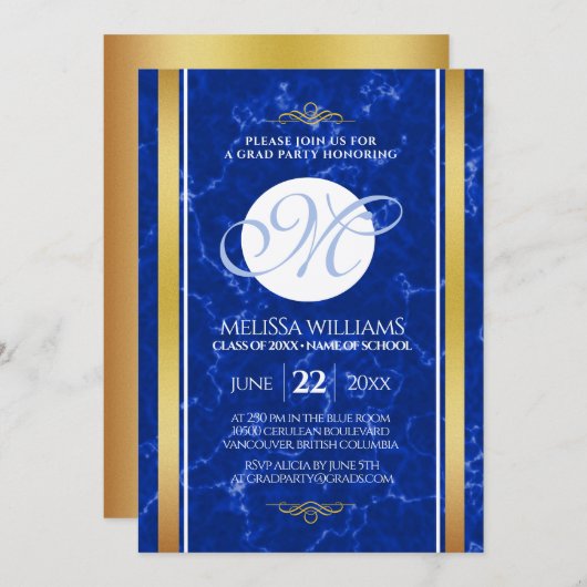 Elegant Afstuderen Monogram Blue Marble Gold Foil Kaart (Voorkant / Achterkant)