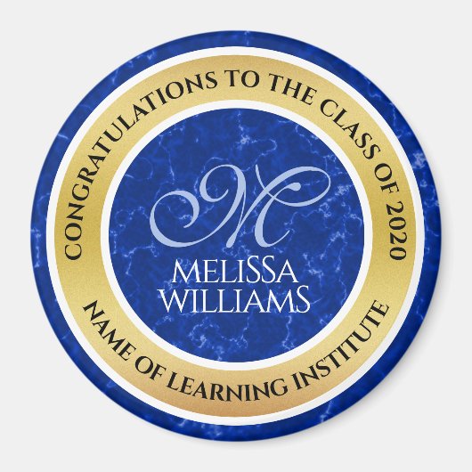 Elegant Afstuderen Monogram Blue Marble Gold Foil Magneet (Voorkant)