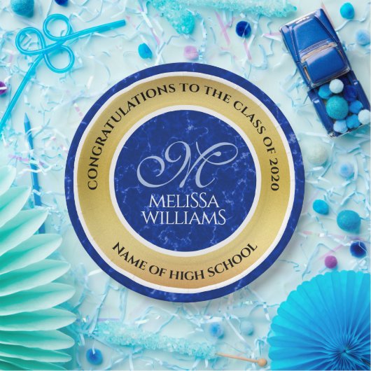 Elegant Afstuderen Monogram Blue Marble Gold Foil Papieren Bordje (Feest)