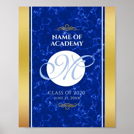 Elegant Afstuderen Monogram Blue Marble Gold Foil Poster (Voorkant)