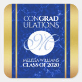 Elegant Afstuderen Monogram Blue Marble Gold Foil Vierkante Sticker (Voorkant)