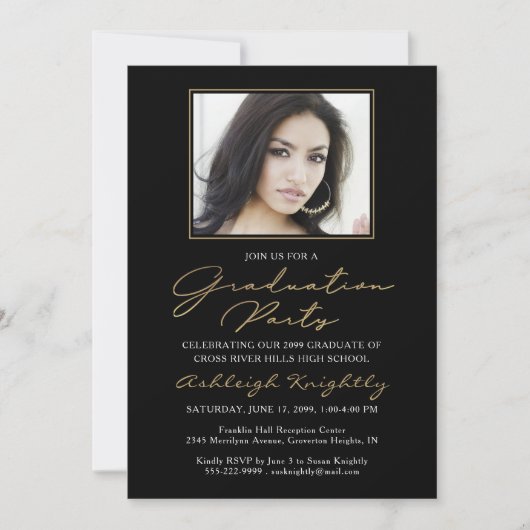 Elegant Afstuderen One Photo Black Gold Script Kaart (Voorkant)