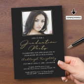 Elegant Afstuderen One Photo Black Gold Script Kaart