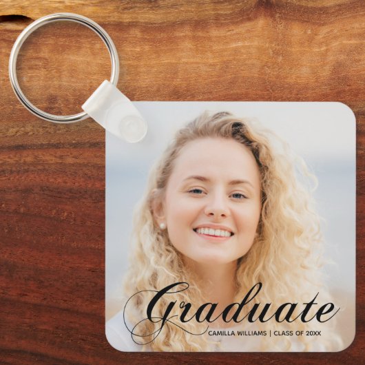 Elegant Afstuderen Photo Custom Flourish Script Sleutelhanger (Voorkant)