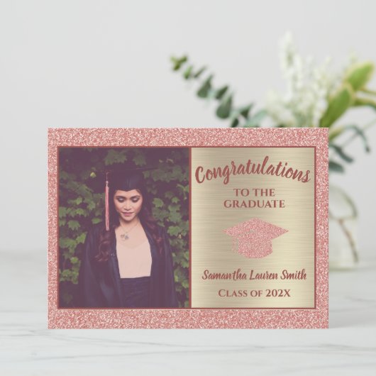Elegant Afstuderen Roze Gold Sparkle Class of 2021 Aankondiging (Staand voorkant)