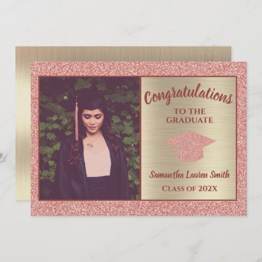 Elegant Afstuderen Roze Gold Sparkle Class of 2021 Aankondiging (Voorkant / Achterkant)