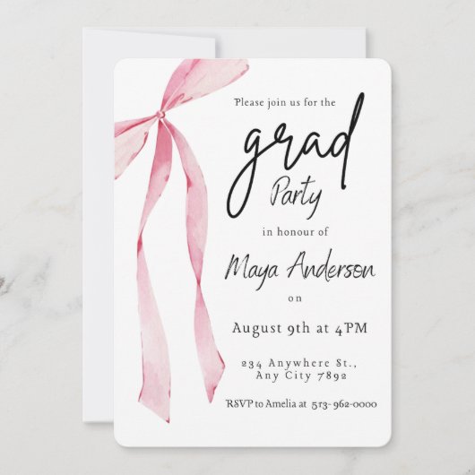 Elegant Afstuderen Uitnodiging met Pink Bow (Voorkant)