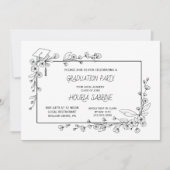 Elegant Afstuderen Zwart-wit Bloemenrand Kaart (Voorkant)