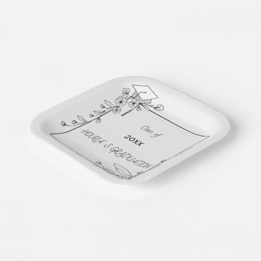 Elegant Afstuderen Zwart-wit Bloemenrand Papieren Bordje (Gebogen)
