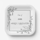 Elegant Afstuderen Zwart-wit Bloemenrand Papieren Bordje (Voorkant)