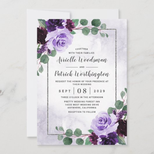 Elegant Airy Boho Floral Paars en Silver Wedding Kaart (Voorkant)