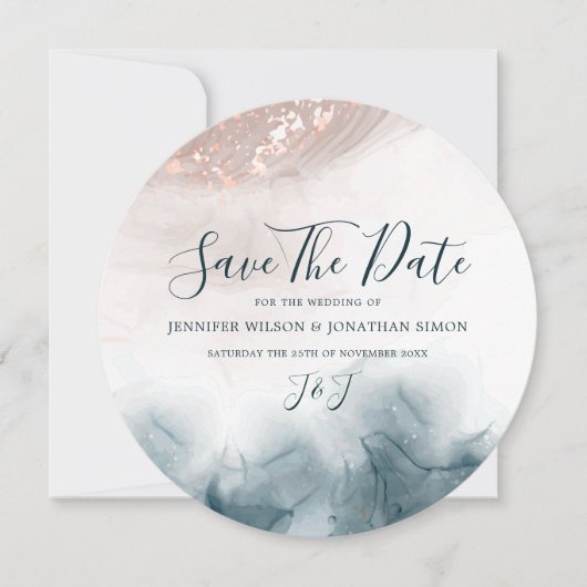 Elegant alcoholinkt Gold Blush Blue Modern Save The Date (Voorkant)