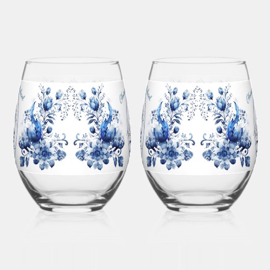 Elegant Alle Blauwe Chrysanten Bruiloft Wijnglas Zonder Voet (Links)