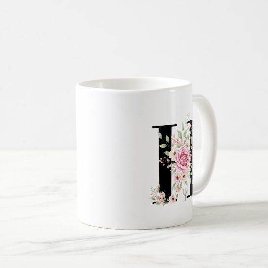 Elegant Alphabet Coffee Cup with Pink Rose Design Koffiemok (Voorkant rechts)