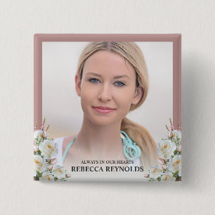Elegant Altijd In Onze Harten Foto Bloemrijke Rouw Vierkante Button 5,1 Cm