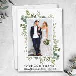 Elégant amour Merci Aquarelle Eucalyptus Vert<br><div class="desc">Elégante aquarelle Carte de remerciements photo Mariage comprend des feuilles d'eucalyptus et d'autres belles verdure botanique.</div>