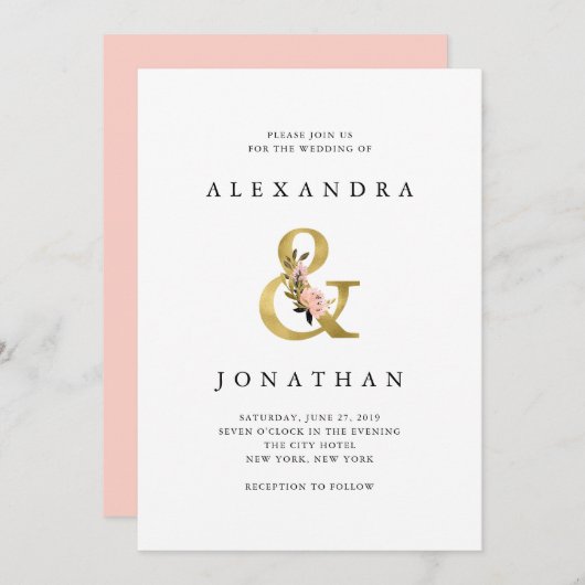 Elegant Ampersand | Goud en Blush Bruiloft Kaart (Voorkant / Achterkant)