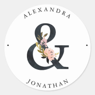 Elegant Ampersand Zwarte en witte bruiloft Ronde Sticker