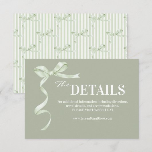 Elegant and Modern Sage Bow Wedding Informatiekaartje (Voorkant / Achterkant)