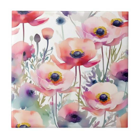 Elegant Anemone Patroon Roze en Paarse Tegeltje (Voorkant)