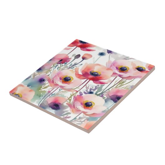 Elegant Anemone Patroon Roze en Paarse Tegeltje (Zijkant)