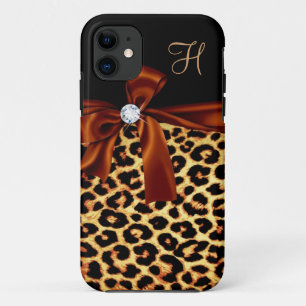 Elegant Animal Print Faux Diamond Monogramed iPhone 11 Hoesje
