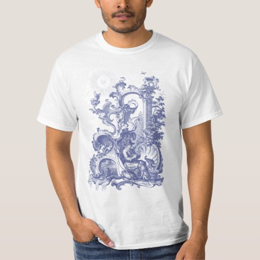 Elegant Antiek Engraving Blue Toile Man and Dog T-shirt (Voorkant)