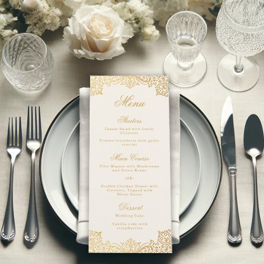 Elegant Antiek Goud Ivoor  Script Wedding Menu