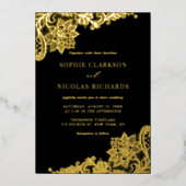 Elegant Antiek Lace Black Weddenschap Gold Folie Uitnodiging (Voorkant)