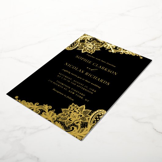 Elegant Antiek Lace Black Weddenschap Gold Folie Uitnodiging (Gedraaid)