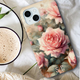 Elegant Antiek Roze Rose Bloemen Monogram Script