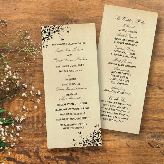 Elegant Antiek Swirls Wedding Program Sjabloon Reclamekaart