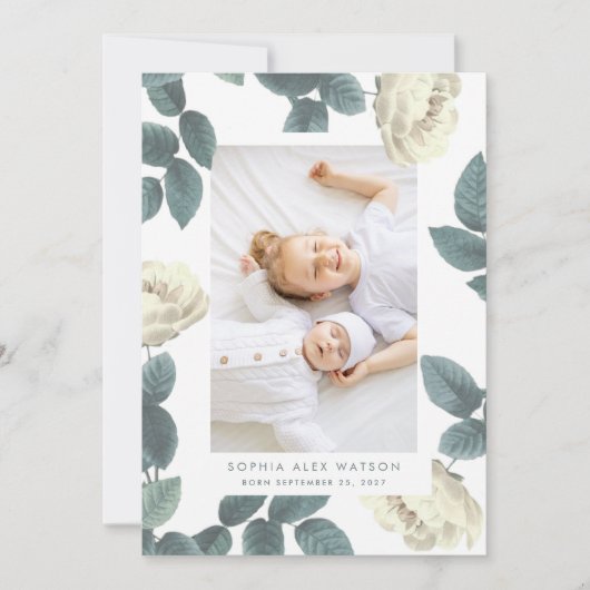 Elegant Antique Rose Photo Girl Baby Birth Aankondiging (Voorkant)