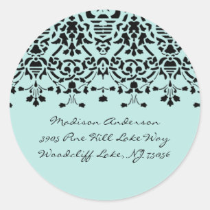Elegant Aqua & Black Damask Adreslabel Sticker
