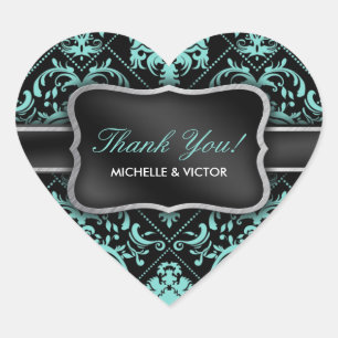Elegant Aqua Blauw en Zwart Damask Dank u Hart Sticker