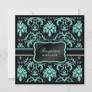 Elegant Aqua Blauw en Zwart Damast Ontvangst Only Kaart
