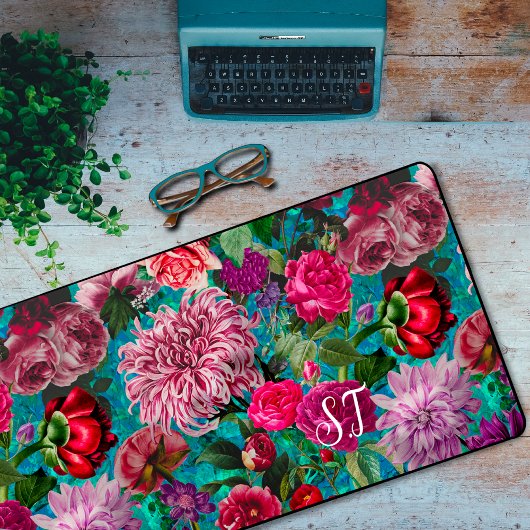 Elegant aqua blauw Floral monogram Bureaumat