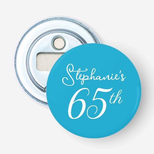 Elegant Aqua Blauw Monogram 65e Verjaardagsfeestje Button Flesopener (Voorkant)
