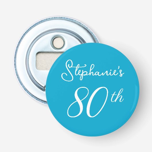 Elegant Aqua Blauw Monogram 80ste Verjaardagsfeest Button Flesopener (Voorkant)