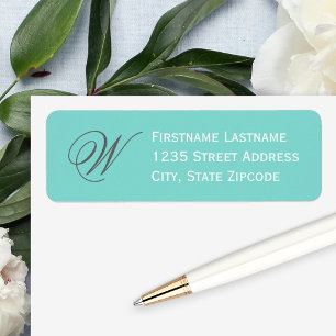Elegant Aqua Blauw Schrift Monogram Adres Etiket