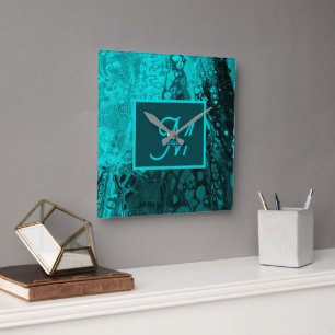 Elegant Aqua Blauwgroen vet Script Monogram Vierkante Klok