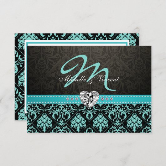Elégant Aqua bleu et noir Damas Monogramme RSVP (Devant / Derrière)