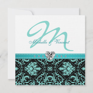 Elegant Aqua Blue/Black Damask Monogram Invites Kaart