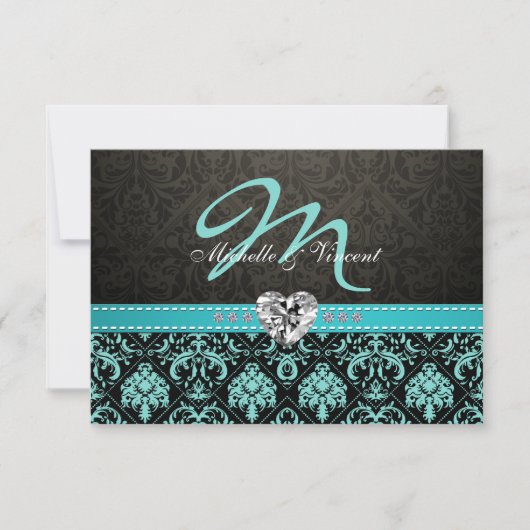 Elegant Aqua Blue en Black Damask Monogram RSVP Kaartje (Voorkant)