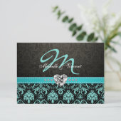 Elegant Aqua Blue en Black Damask Monogram RSVP Kaartje (Staand voorkant)