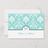 Elegant Aqua Blue en White Damask Monogram RSVP (Voorkant)