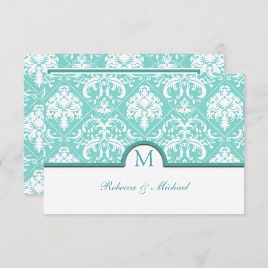 Elegant Aqua Blue en White Damask Monogram RSVP (Voorkant / Achterkant)