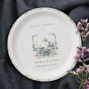 Elegant Aqua Blue floral Teapot Cup Vrijgezellenfe Papieren Bordje